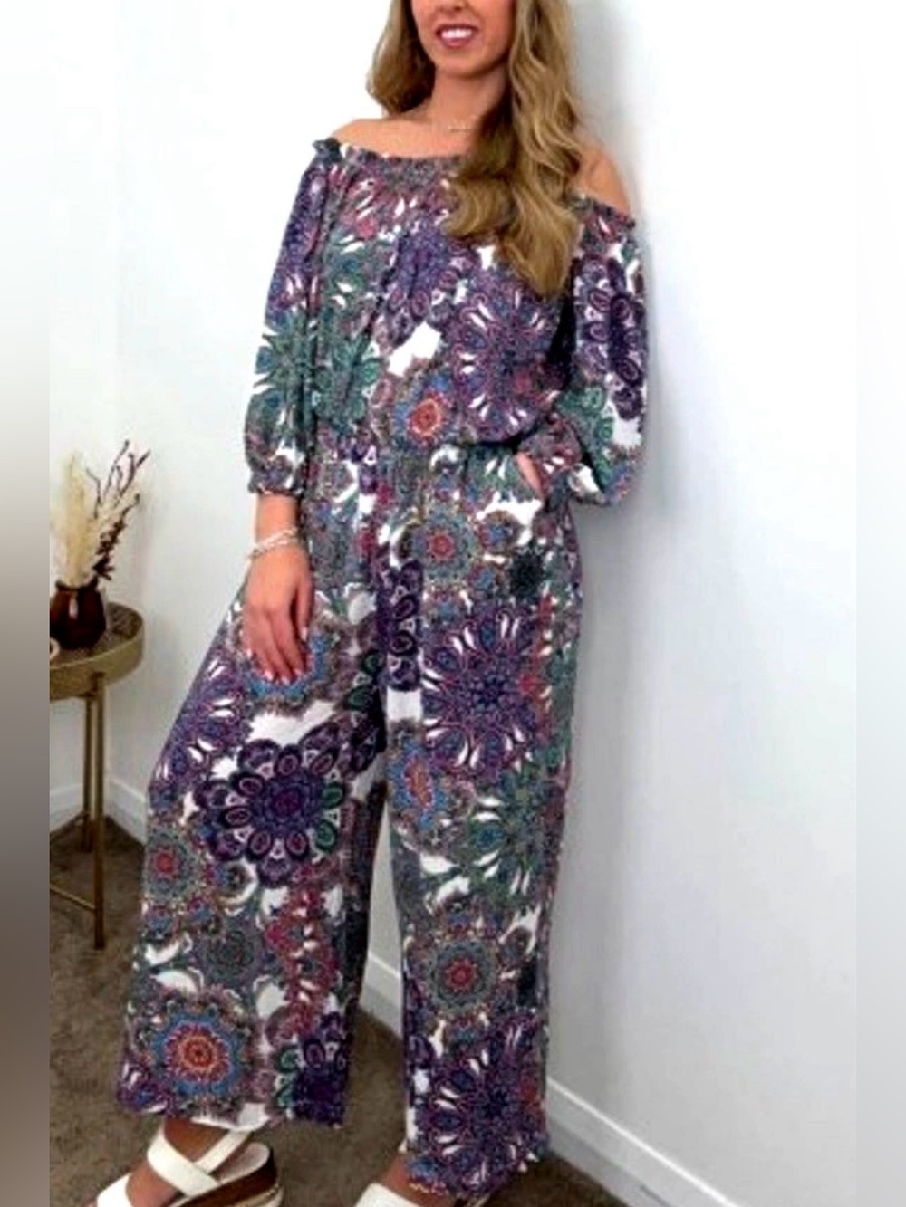 SKOOP.   Off-Shoulder jumpsuit - Purple Multi Floral